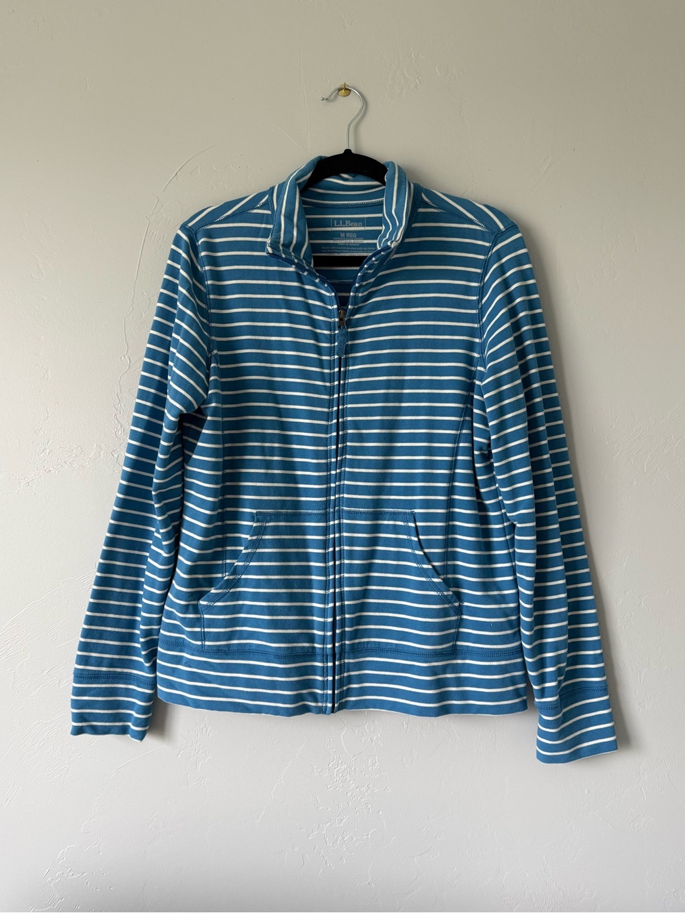 L.L. Bean Ultrasoft Sweats Full Zip Mock Neck Sweatshirt Jacket Blue Striped